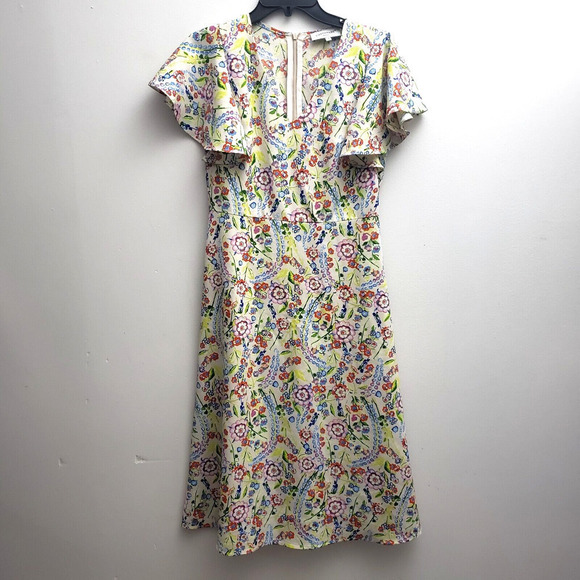 Cottonade Sheath Dress 36/Med Multicolor Flutter Sleeves Fit Flare Midi V-neck - Picture 1 of 8